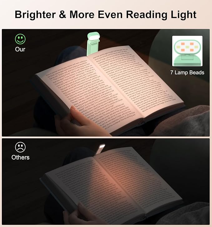 Gritin Book Light Rechargeable, Reading Light Lamp Clip on Book, Eye Caring 3 Colors, 5 Brightness & Stepless Dimming, Long Lasting up to 80hrs, Portable Mini Book Light for Book Lovers-Cyan