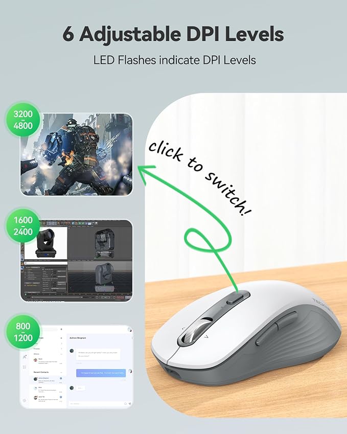 TECKNET Rechargeable Bluetooth Mouse, [ USB + BT5.0 + BT3.0 ] Wireless Mouse, Ergonomic 4-Way Scroll Wheel Computer Mice, 6-Level 4800 DPI Silent Mice, Multi-Device for Computer/Laptop/MacBook (White)