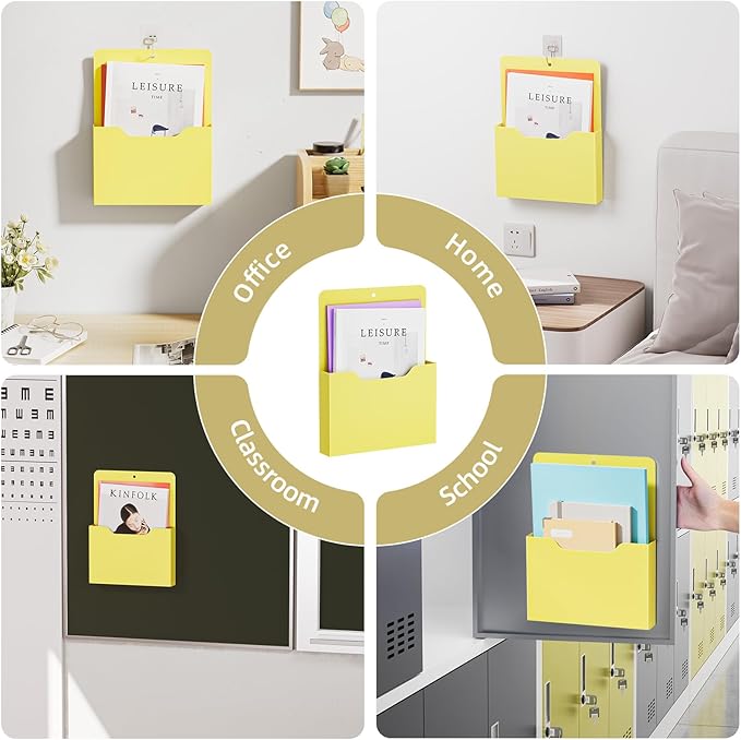 Magnetic File Holder - Magnetic Paper Holder, Pocket Organizer Office Supplies Storage Mail Organizer for Notebooks,Planners,Letter (Yellow）