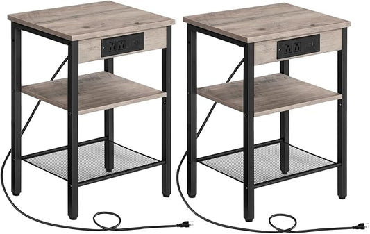 HOOBRO Side Tables Set of 2 with Charging Station and USB Port, Small End Tables for Small Space, 3-Tier Nightstands with Adjustable Shelf, for Living Room, Bedroom, Greige and Black BG112BZP201