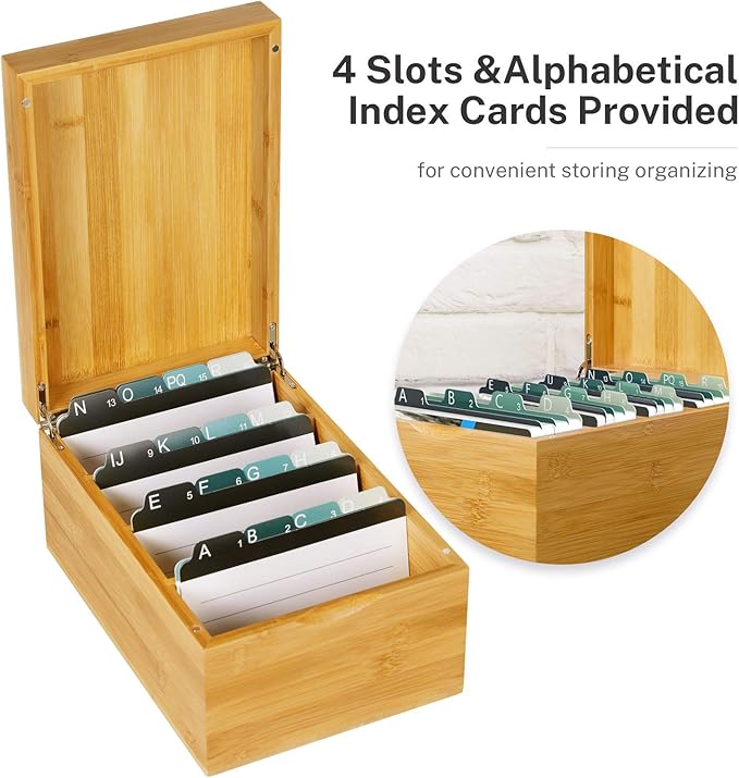 MaxGear Index Card Holder, 4 x 6Inch Wooden Business Card Organizer for Desk with 3 Dividers, Bamboo Index Cards Box with A-Z Tabs Holds 600 Cards for Recipe Flash Storage