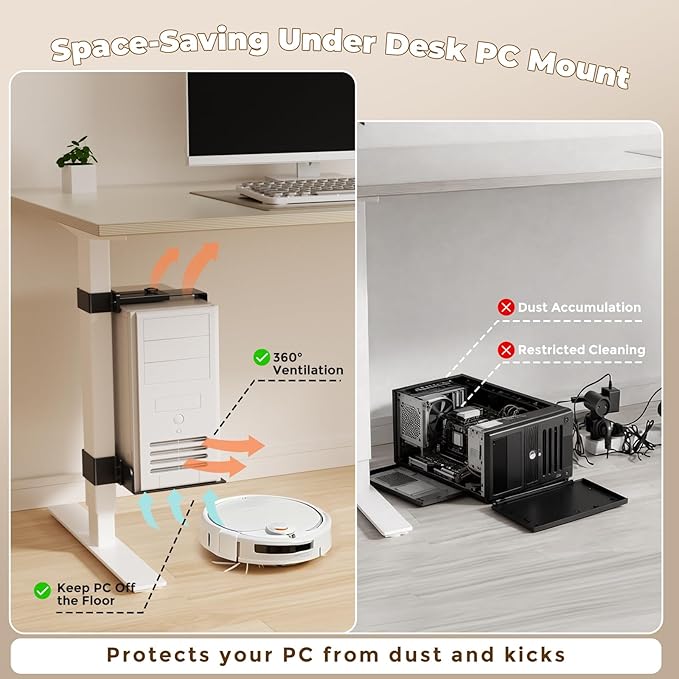 Under Desk PC Mount & CPU Holder, No-Drill Clamp-On Stand for Standing Desk (Fits 75x45mm Square Legs), Adjustable Steel Computer Tower Holder, Heavy-Duty 40lbs/18kg, Black