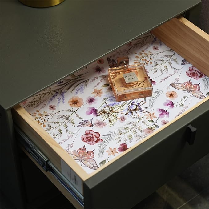 Floral Shelf and Drawer Liner for Kitchen Cabinets,16IN x 10FT Non-Adhesive and Strong Non-Slip Cabinet Drawer Liners for Kitchen Shelf, Waterproof Cupboard Liners,Easy to Clean