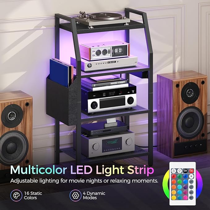 MAHANCRIS 4-Tier AV Media Stand with Power Outlet & LED Lights, Game Console Shelf with Side Storage Bag, Corner Stereo Stand Rack Audio Tower for Small Video DVD Players and Boxes, Black MSBK01E01