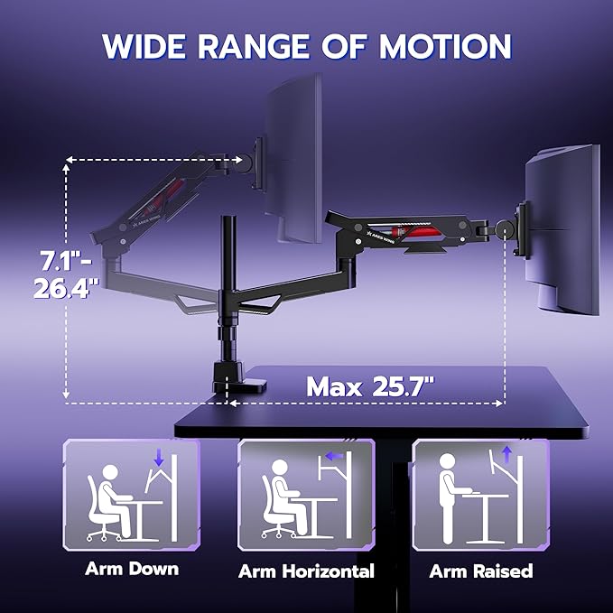 ARES WING Heavy Duty Monitor Arm, Ultrawide Monitor Stand up to 57” and 66 Lbs, Gas Sprinq Monitor Mount Height Adjustable Arms Monitor Stand for Desk Various VESA Mount with Clamp/Grommet Base
