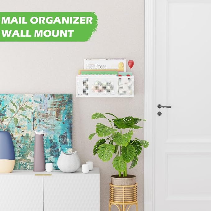 Mail Holder Countertop, Mail Organizer with 2 Slots, Mail Basket Wall Mounted Desktop Mail Sorter Letter Holder Box Envelope Organizer for Home Office, White