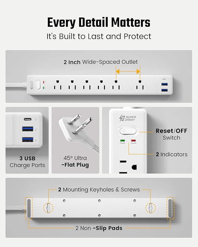 Flat Plug Surge Protector Power Strip, 6ft Ultra Thin Extension Cord with 3 USB, SUPERDANNY 6 Outlets Charging Station, Wall Mountable Outlet Extender for Home Office, College Dorm Room