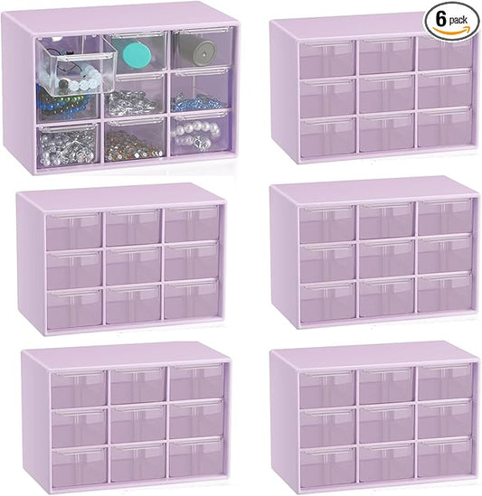 6 Pcs Small Drawer Organizer for Desk, Mini Desktop Drawer Organizer with 9 Clear Drawers, Plastic Desktop Craft Storage Box for Desk Office School Home 7.1" x 3. 8" x 4.6" (Purple)