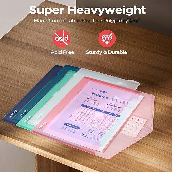 Sooez 40 Pack Plastic Envelopes, Plastic File Folders, Clear Folders for Documents Trendy Colors, Super Heavyweight Document Holders, Storage Pouches, File Envelopes for School Office Supplies