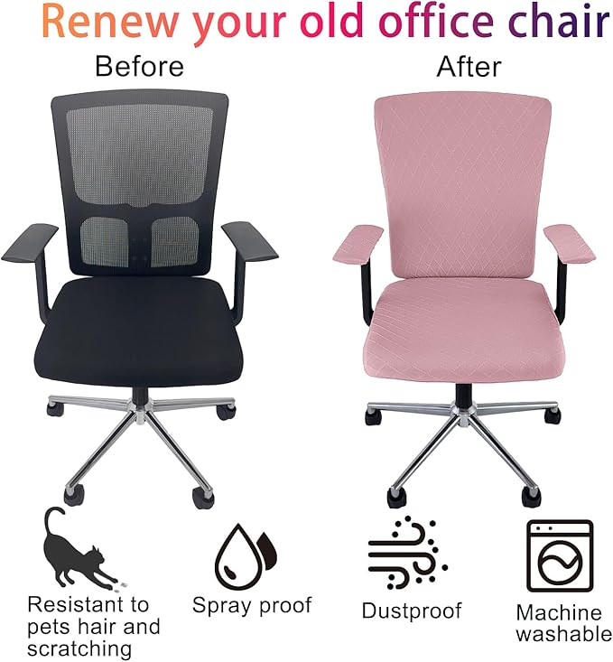 4 Pcs Office Chair Cover Set with 4 Extra Elastic Straps Universal Protective Office Chair Covers Stretchable Desk Chair Cover Office Armrest Cushion Backrest for Rotating Chair (Pink)