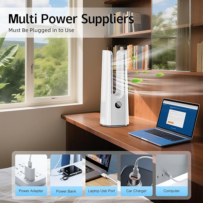 13 Inch Desk Fan, Portable Bladeless Fan, Small Quiet Table Fan with 60°Oscillating, 9 Speeds & 9H Timer, LED Display, Button Control, Easy to Clean, Personal Desktop Fan for Bedroom, Office，Home