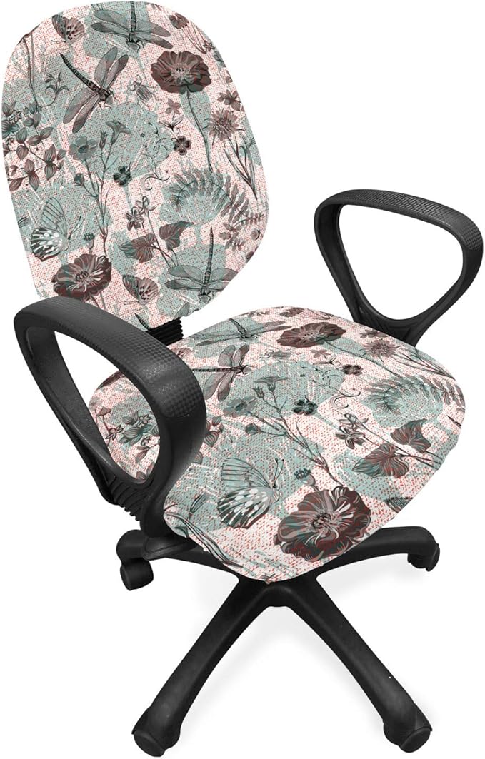 Ambesonne Flower Office Chair Slipcover, Vintage Style Botanical Composition with Floral Blossoms Dragonflies Flora and Fauna, Protective Stretch Decorative Fabric Cover, Standard Size, Teal Brown