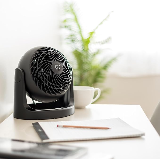 IRIS USA Desk Fan, Air Circulator, 3 Speeds, 52ft Max Air Distance, 360° Adjustable Tilt, 30 db Quiet Motor, Fan for Bedroom, Office, Dorm, Medium, Black