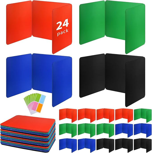 24 Pack Desk Dividers for Students with 40 Labels, Foldable Waterproof Classroom Privacy Shields Desk Privacy Panel, Plastic Folder Desk Divider for Testing Offices Classroom Teachers Supplies