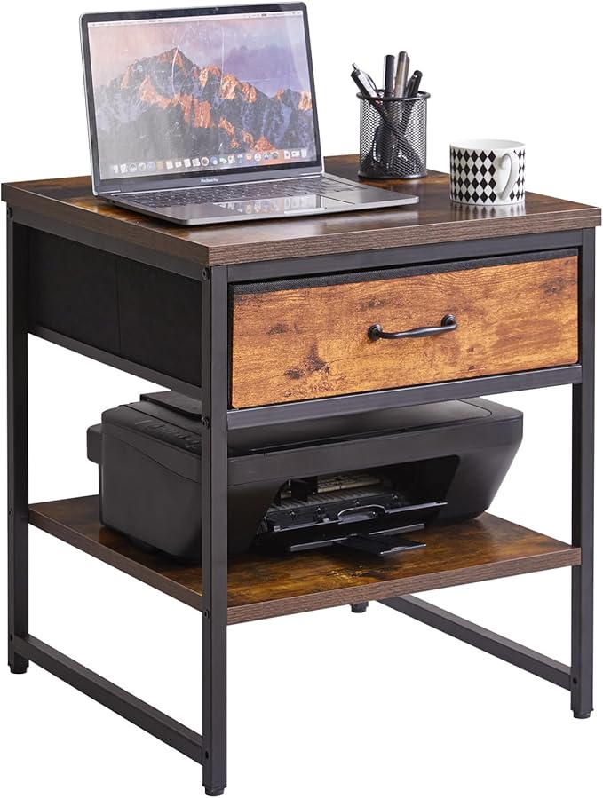 Aibiju Small Table Stand with Drawers, Multi-Functional Side & Printer Accent Table with Storage Shelf, Rustic Brown YD-TM156H