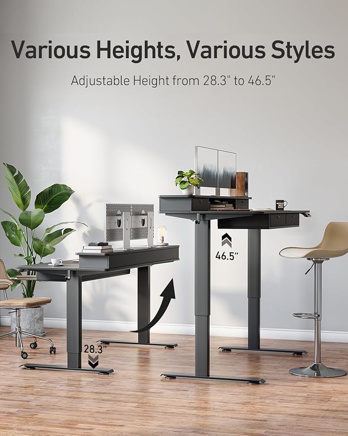 FEZIBO 55 x 30 inch Standing Desk with Drawers, Height Adjustable Electric Workstation, Computer Sit Stand Up Table with Large Storage Shelf 4 Drawers and 2 Hooks, Black