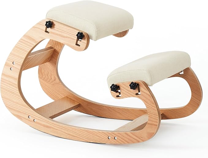 Ergonomic Kneeling Chair, Adjustable Rocking Office Chair Wooden Knee Chair Posture Chair for Home Office Back Pain Relief, Beige