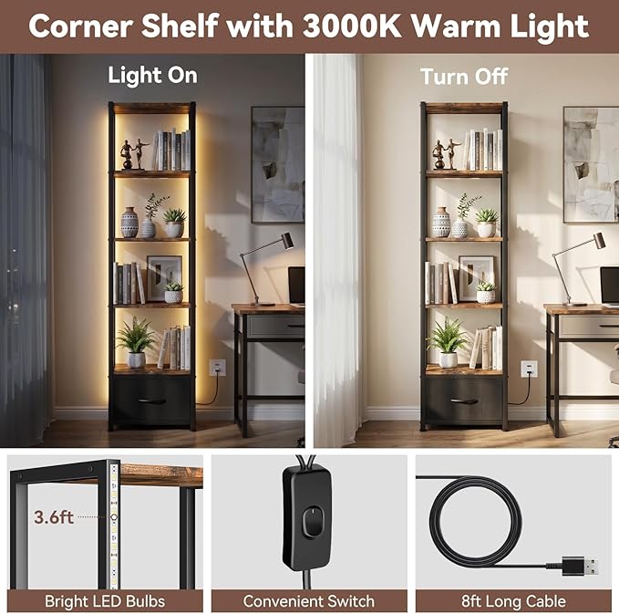 Housolution 6 Tier Bookshelf with LED Light, 60.6" Tall Narrow Corner Shelf Stand with Fabric Drawer, Bookcase Storage Organizer, Industrial Display Standing Shelf Unit for Living Room, Rustic Brown