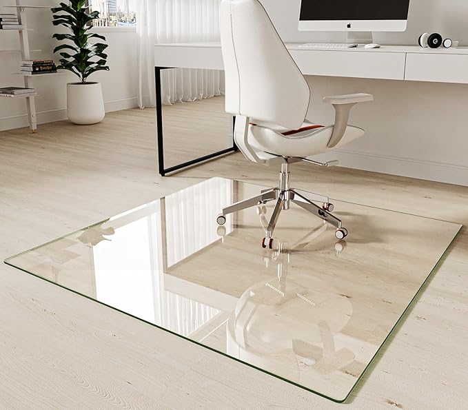 Koonmi Tempered Glass Chair Mat 48"x48" - Premium Office Chair Mat for Hardwood Floors & Low-Pile Carpet with 4 Non-Slip Pads - Thick Scratch-Resistant Surface
