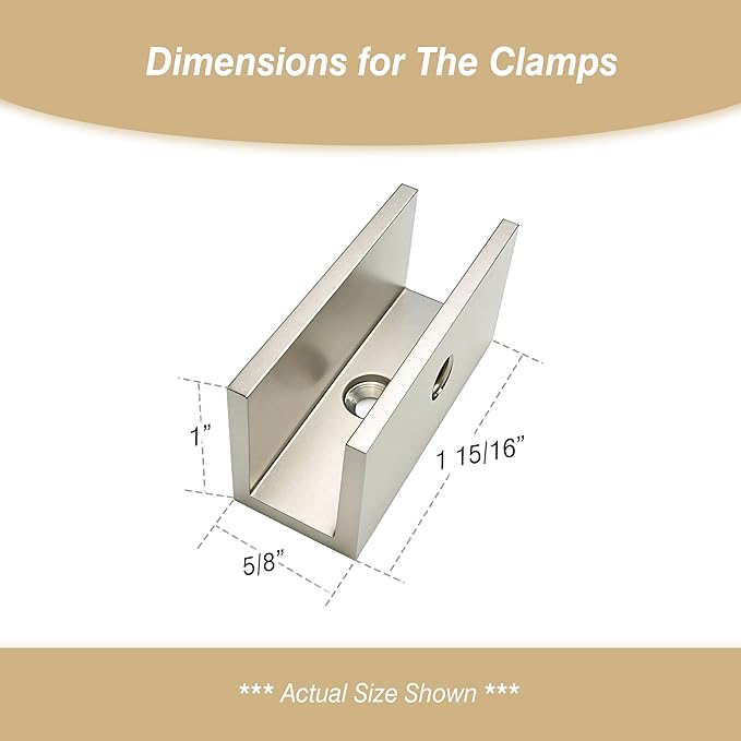 Solid Brass Glass Clamp – Fixed Mount Bracket Hardware Kit for 3/8" to 1/2" (10-12mm) Glass, Brushed Nickel
