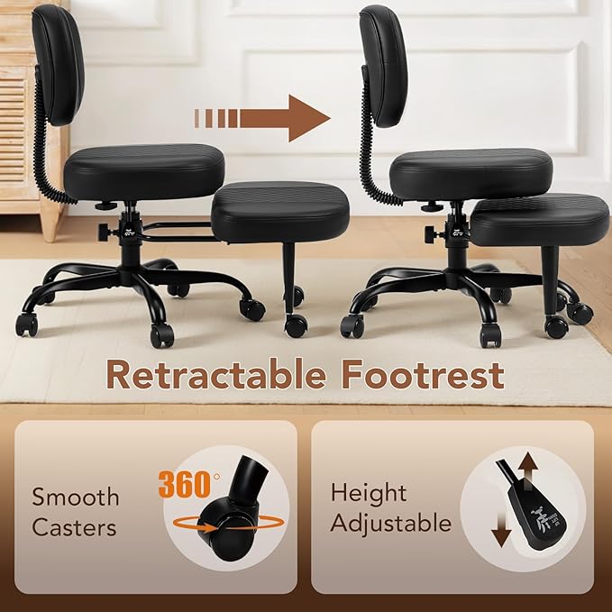 Ergonomic Cross Legged Office Chair with Wheels, Criss Cross Desk Chair with Leg Rest, Meditation Chair Yoga Kneeling Chair, Adjustable ADHD Chair Black