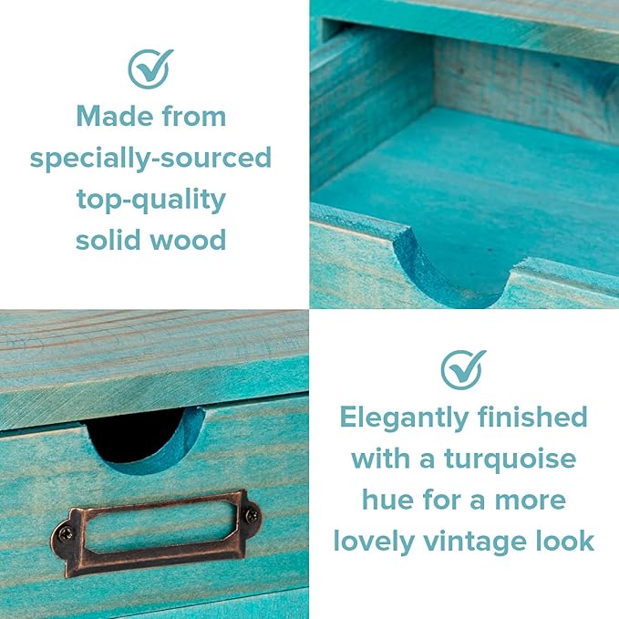 Turquoise 2-Tier Drawer Unit - European Country Style Desk Organizer Box - 9.7x7x5.1" Teal Wooden Stackable Drawers - Countertop Organizer Drawers w/Label Holder - Double File Drawer Unit