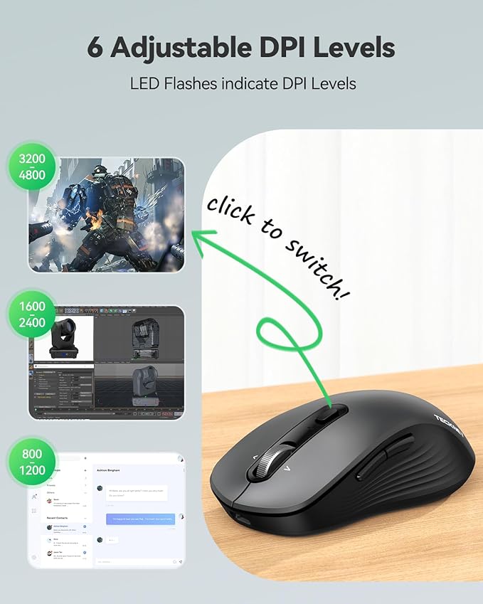 TECKNET Rechargeable Bluetooth Mouse, [ USB + BT5.0 + BT3.0 ] Wireless Mouse, Ergonomic 4-Way Scroll Wheel Computer Mice, 6-Level 4800 DPI Silent Mice, Multi-Device for Computer/Laptop/MacBook (Iron)