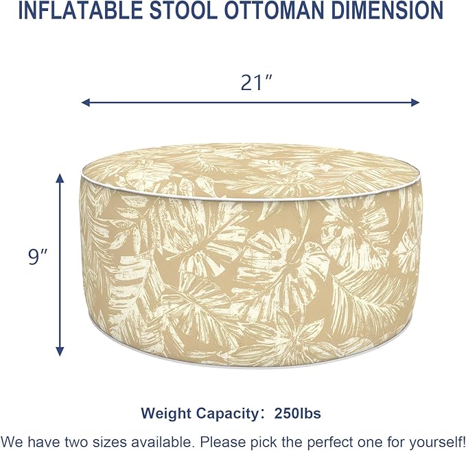 Outdoor Patio Inflatable Ottoman, 21x9 Inch Portable Stool Ottoman with Handle, Round Footrest Stool for Home Garden Camping, Tropical Leaf Oat