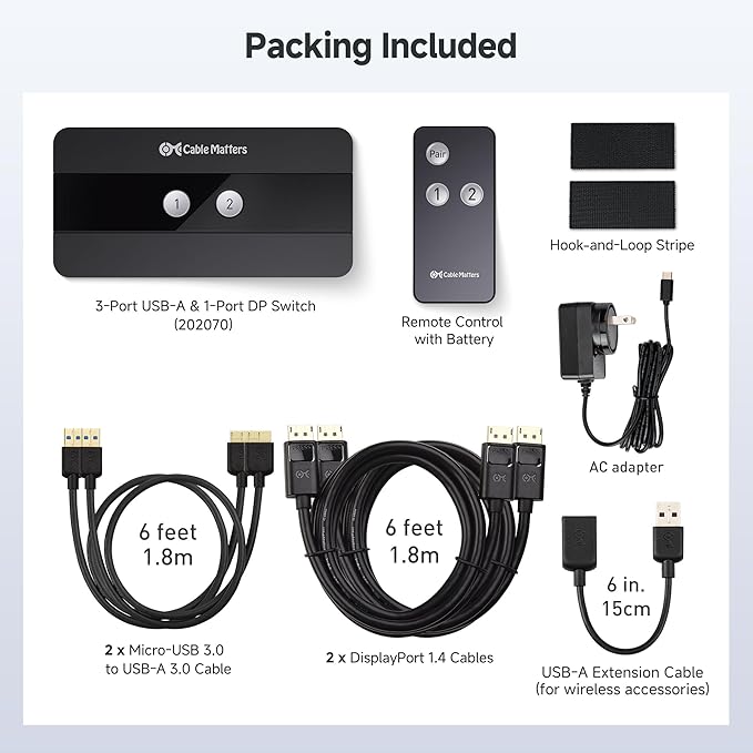 Cable Matters USB 3.0 KVM Switch DisplayPort 1.4 for 2 Computers with 8K@60Hz / 4K@240Hz Display Port Video & 3X 5Gbps USB Ports, FreeSync, G-SYNC and HDR Support - RF Remote Control Switch