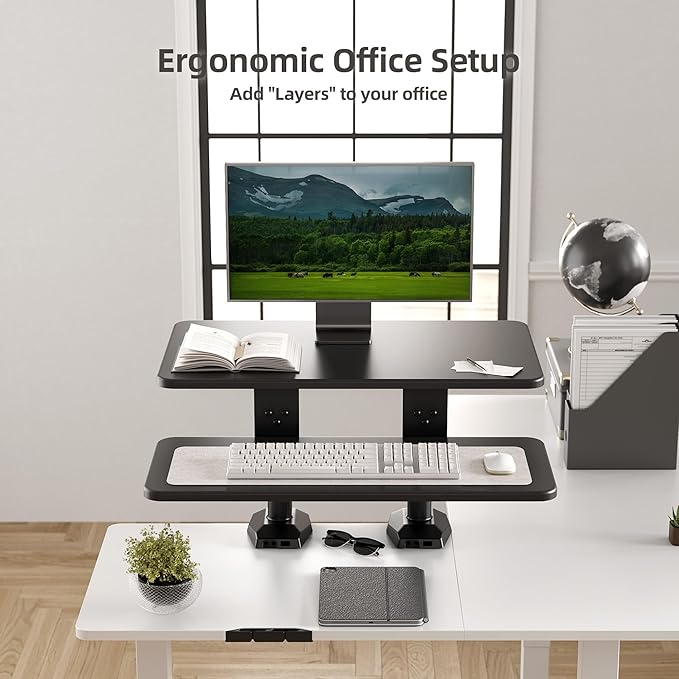 Claiks 24-Inch Sit-Stand Workstation，Innovative Space-Saving Height-Adjustable Ergonomic Desk Converter with Wide Keyboard Tray，Dual Fixation and Flexible Rotation Function, Rustic Brown