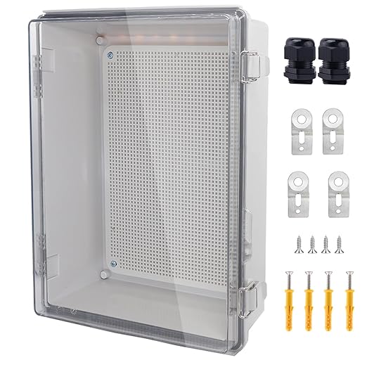 IP67 Waterproof Junction Box, ABS Plastic Electrical Enclosure with Stainless Steel Latch, Hinged Cover Electric Box with Mounting Plate, Wall Brackets & Cable Glands 370x270x150