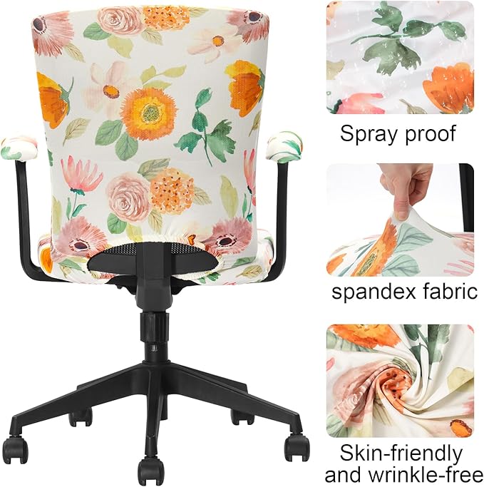 Tallew 4 Pcs Office Chair Covers Set Computer Universal Protective Stretchable Chair Seat Covers Desk Armrest Cover Pads Office Cushion Backrest for Rotating (Flower,Colorful)