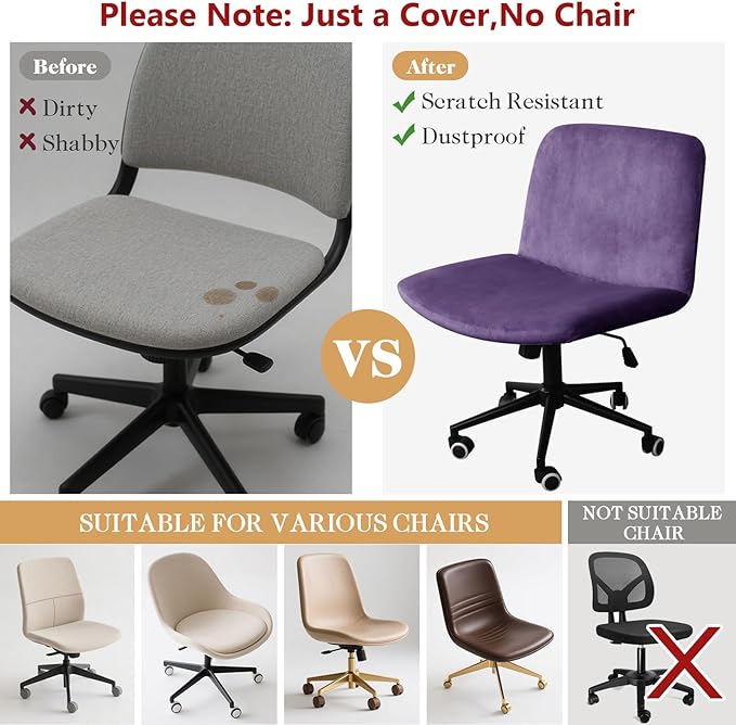 NICEEC Criss Cross Chair Cover Armless Office Dorm Desk Chair Covers Vanity Chair Covers Computer Mid Back Wide Seat Chair Without Arms Protector Spandex Stretch Slipcover Purple(No Chair Only Cover)