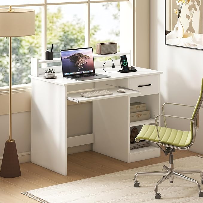 Giantex White Desk with Drawers, Modern Home Office Desk with Keyboard Tray, Monitor Stand & Adjustable Shelf, PC Laptop Table Computer Workstation, Study Writing Desk for Small Spaces, Bedroom