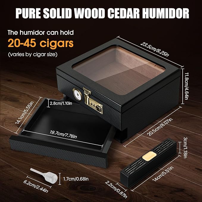 Tesonway Cigar Humidor, Cedar Wood Humidor Cigar Box, Glass Top Desktop Humidor with Front Hygrometer, Humidifier, Divider, Accessories Drawer and Combination Lock, Cigar Gifts for Men (Carbon Black)