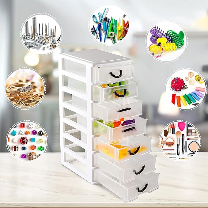 Rempry 7.1"x5.1"x13.2" Mini Organizer Box Storage Container Case with 7 Clear Desktop Drawer Units,White