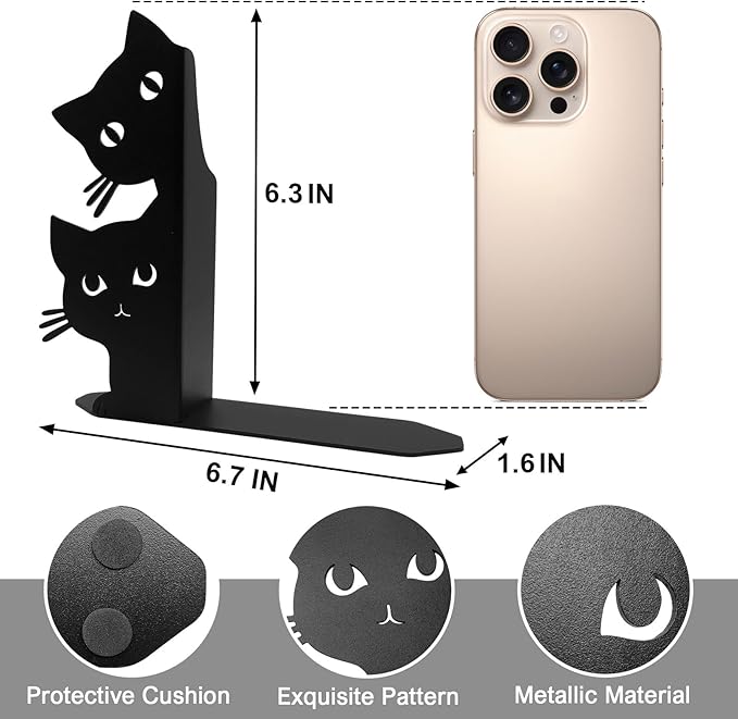 Peeping Cat Bookends for Shelves Decorative, Metal Book Ends for Heavy Books Book Stopper for Office Home Cute Desk Bookshelf Decor Cat Lover Gifts for Women (Black)