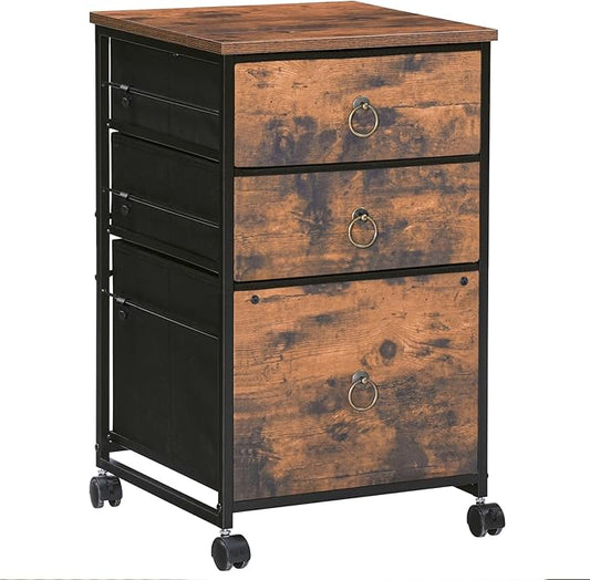 HOOBRO 3-Drawer Mobile File Cabinet, Vertical Filing Cabinet, Under Desk Cart with Drawers for Home Office, Rolling Printer Stand, A4/Letter-Sized, Fabric Drawer, Rustic Brown BF30WJ01