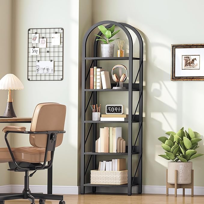 HOOBRO Bookshelf, 5-Tier Arched Bookshelf, Industrial Bookcase with Metal Frame, Tall Book Shelf Storage Organizer for Living Room, Office, Bedroom, Black BB425SJ01