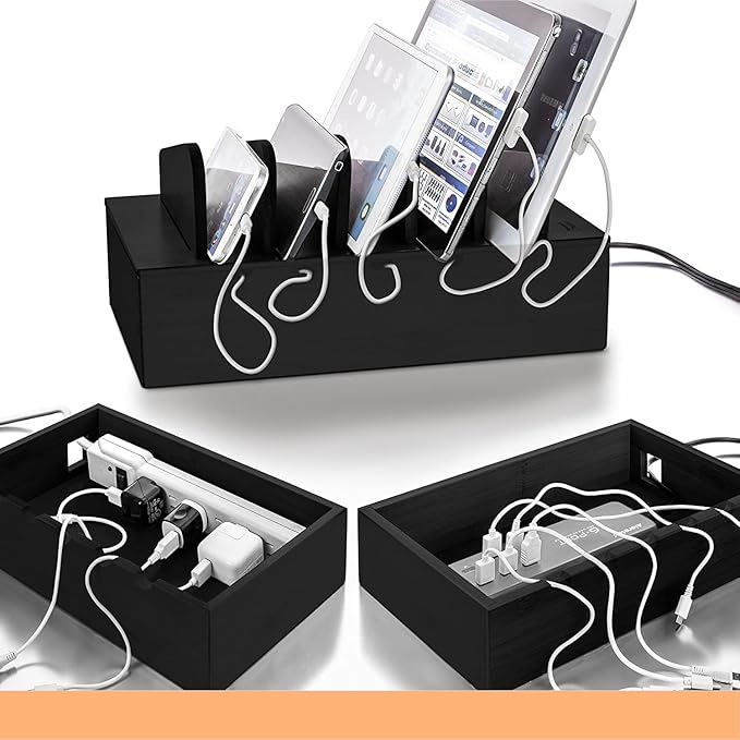 Prosumer's Choice Natural Bamboo Device Charging Station for Multiple Devices | Desk Dock Organizer for Cell Phone, Tablet, Apple iPhone, iPad | with Removable Dividers - Black
