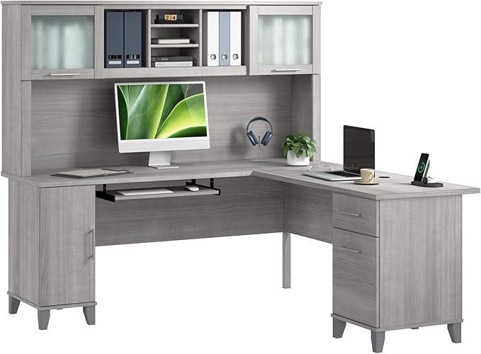 Bush Furniture Somerset L Shaped Desk with Hutch in Platinum Gray | Corner Computer Table with Drawers, Cabinets and Pullout Keyboard/Laptop Tray for Home Office