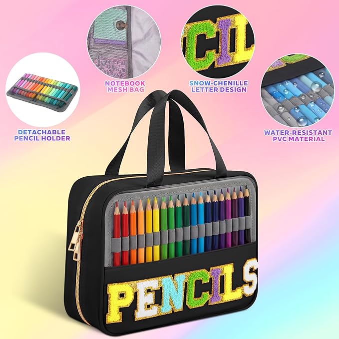 Hillban 108 Slots Large Colored Pencil Case with Chenille Letter Patch Extra Large Capacity Interlayer Pencil Holder Organizer with Handle Zipper Portable Storage Bag Graduation Gift for Artist(Black)