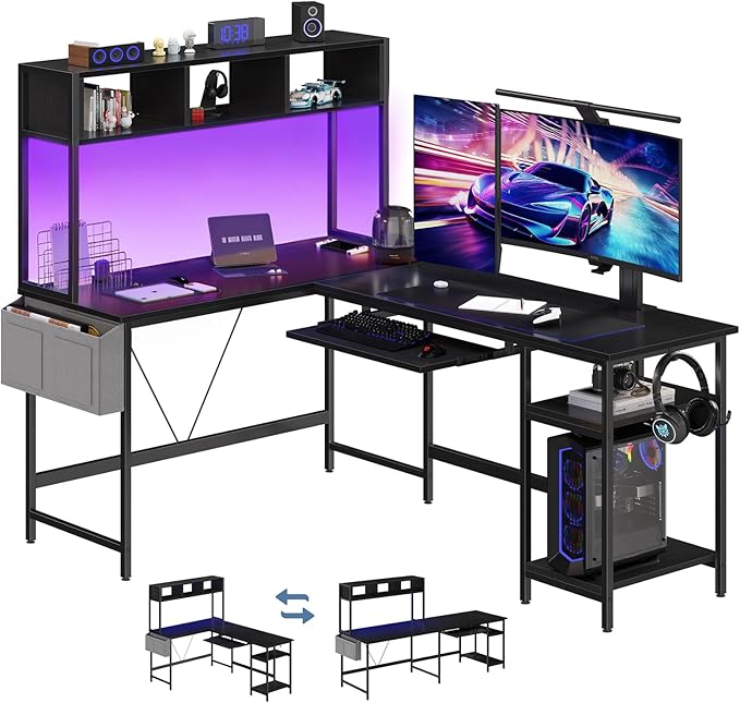 DUMOS L Shaped Gaming Desk 67", Reversible Computer Desk with LED Lights, Corner Desk for Small Spaces with Keyboard Tray & Storage Shelf, Metal Frame PC Gaming Table for Home Office Bedroom, Black