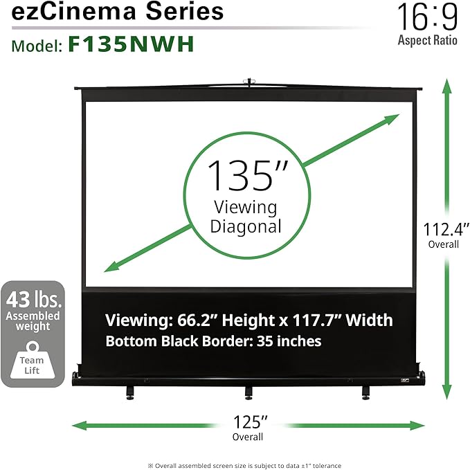 Elite Screens ezCinema Series, Floor Pull Up Manual Projector Screen, 135-inch 16:9, Portable Telescoping Support Bar Black Backing Home Theater Office Classroom Projection Screen, F135NWH, Black