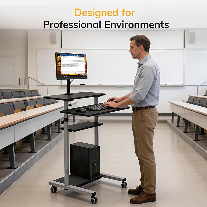 Mount-It! Mobile Computer Cart with Monitor Mount for Screen up to 32", Portable Desk on Wheels, Rolling Laptop Stand Teachers, Office, Classroom, Rise up to 53", Projector, Podium, Keyboard Tray