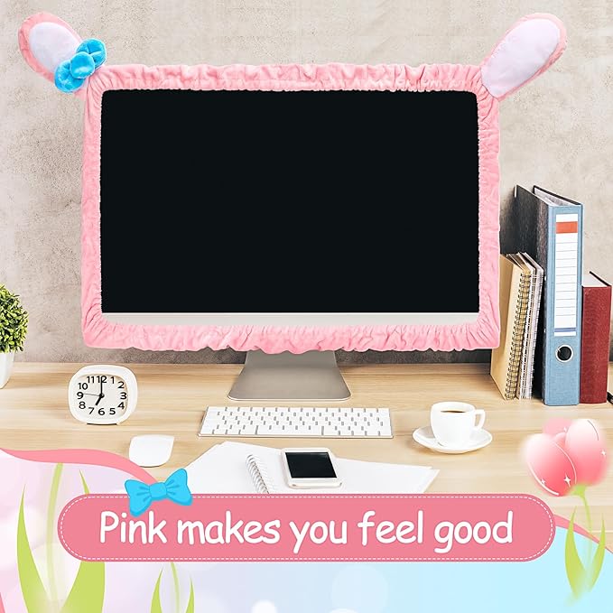 Remagr Easter 20"-29" Cute Computer Monitor Cover with Bunny Ear Pink Furry Elastic Monitor Dust Cover Protector Accessories Laptop TV Lcd Screen Kawaii Decoration for Easter Tablet