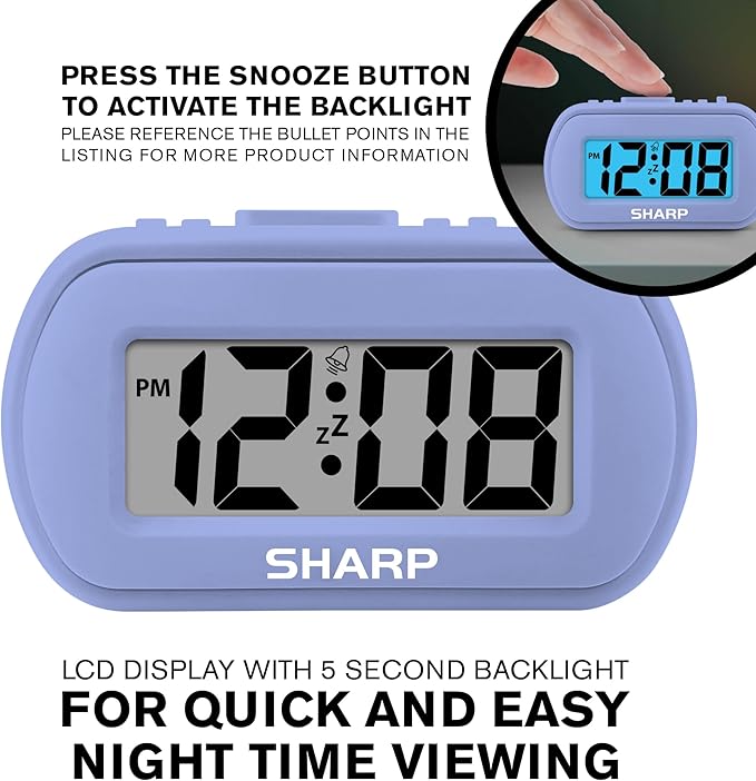 Sharp Digital Alarm Clock – Tactile Case with Soft Rubberized Finish - Battery Operated – Blue Backlight on Demand – Ascending Alarm – Easy to Use – Lavender