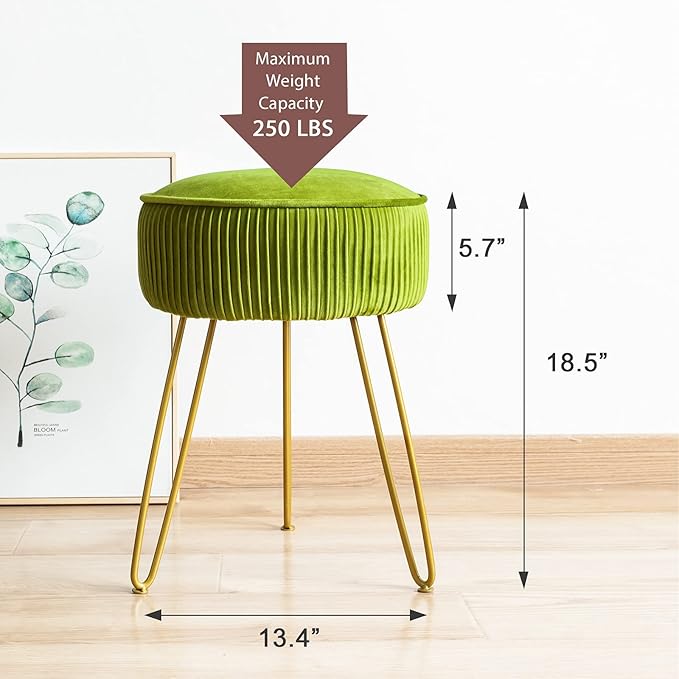 LUE BONA Pleated Vanity Stool, Velvet Upholstered Vanity for Makeup Room, Round Mondern Stool for Vanity, Ottoman Footrest with Metal Legs for Living Room, Bedroom, Matcha Green