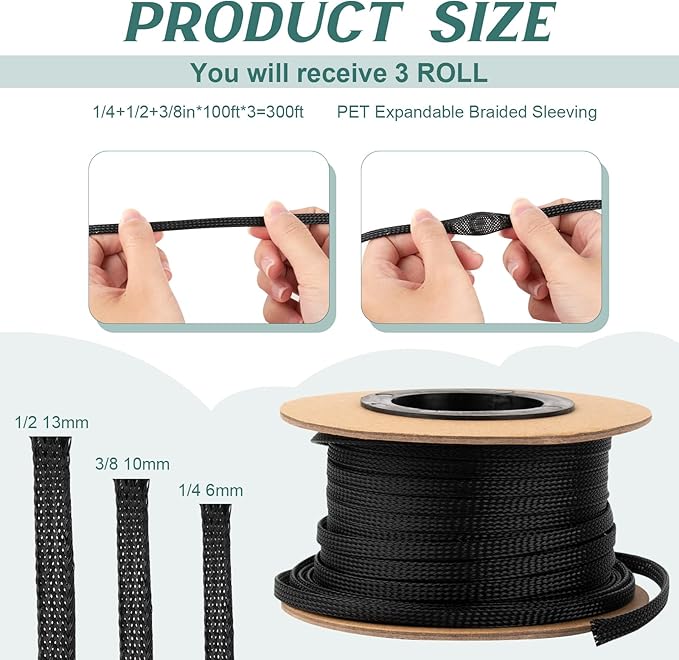 300 Feet 1/4, 1/2, 3/8 Inches Braided Wire Loom PET Cable Loom Expandable Braided Sleeving Wire Sleeve for TV, Computer, Home Theater, Black