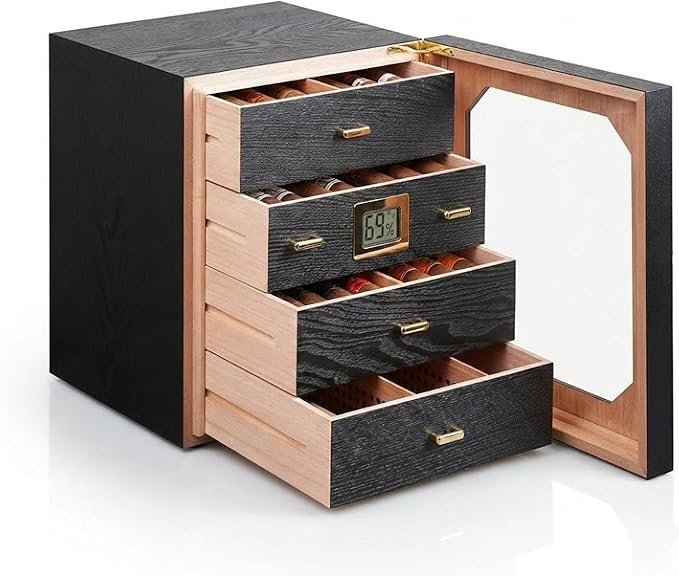 Epress Premium Cigar Humidor Cabinet - 4 Spanish Cedar Drawers with Electronic Hygrometer & Rectangular Humidifier - Airtight Magnetic Seal Glass Door - Luxury Desktop Storage for 100-150 Cigars